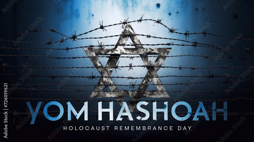 Yom HaShoah. Holocaust Remembrance Day. Boundary barbed wire fence and David Star