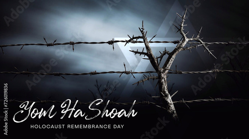 Yom HaShoah. Holocaust Remembrance Day. Boundary barbed wire fence and David Star photo