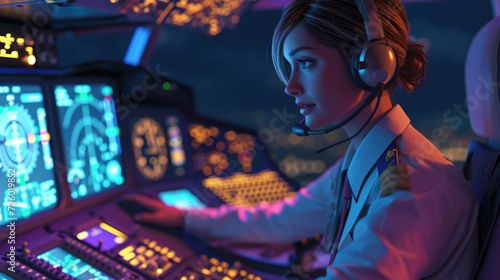 Cartoon digital avatar of Aurora, the detailoriented Air Traffic Controller utilizing topoftheline communication tools to ensure smooth coordination of aircraft movements.
