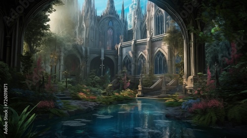 A mysterious cathedral in overgrown ruins  Generative AI
