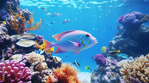colorful coral reef and fishes
