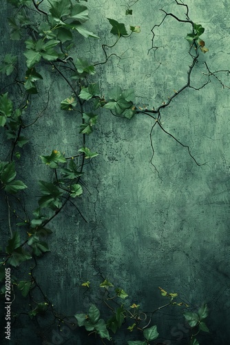 A green backdrop with vines and plaster texture. 