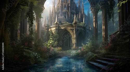 A mysterious cathedral in overgrown ruins  Generative AI