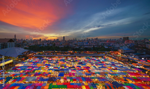 Night Market, The Train of Ratchada at Bangkok city at sunset, Thailand