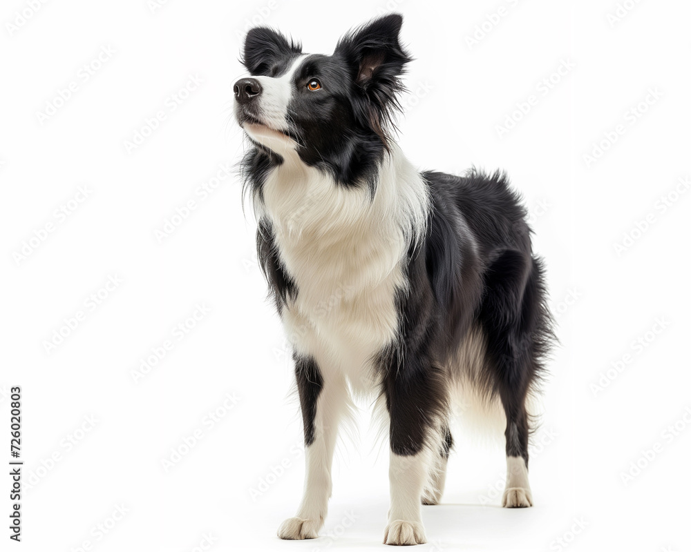 Black and white Border Collie on standing white background
