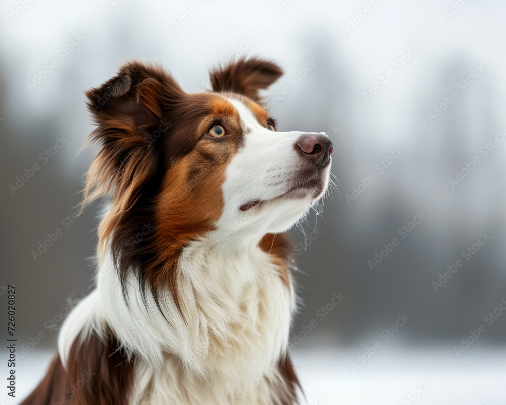 Red and White Border Collie standing guard in the ice landscape Red and White Border Collie standing guard in the ice landscape