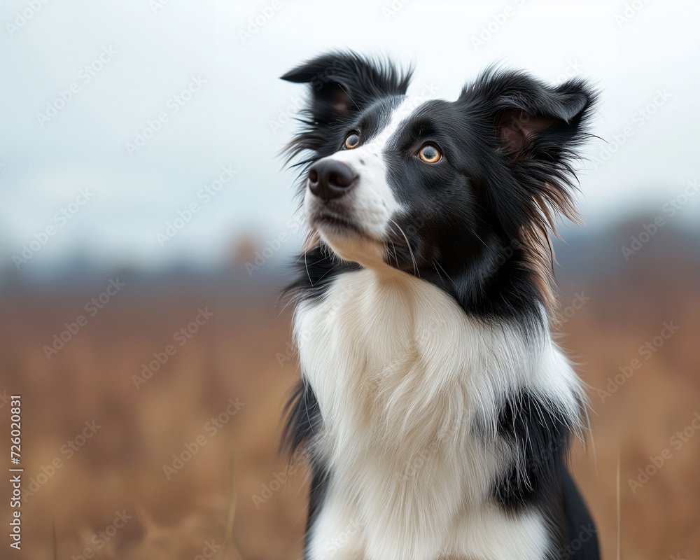 black and white Border Collie standing guard nature background