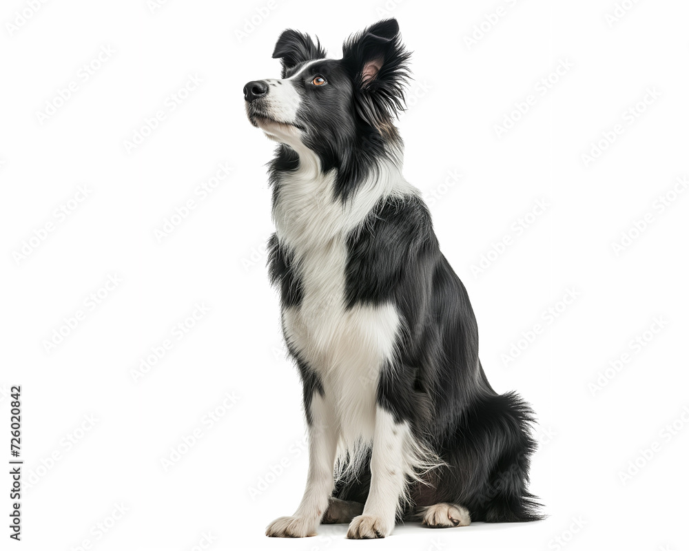 Black and white Border Collie sitting waiting for his owner on guard.