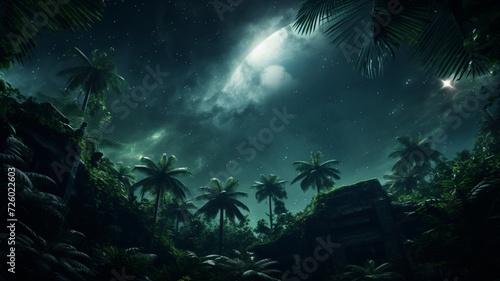 A Celestial Jungle Canopy  Exploring the Enchanting Realm of Trees Reaching for the Stars in Nature s Celestial Tapestry of Green Splendor and Cosmic Harmony