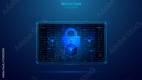 blockchain security technology and binary code on tablet screen. blue low poly style background.