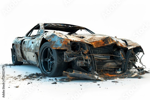 A very damaged and wrecked car, abandoned and deformed by accident and disaster, dirty and grungy, very old and classic with rusty rustic material, isolated on white background, AI generated.	