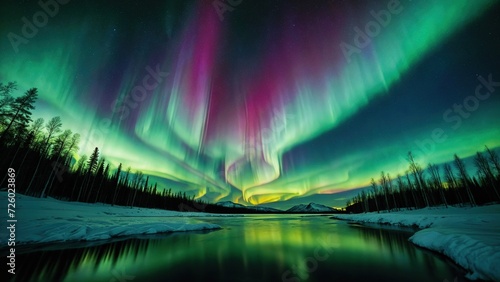A river flows through a snowy forest, reflecting the colorful Northern Lights above. photo