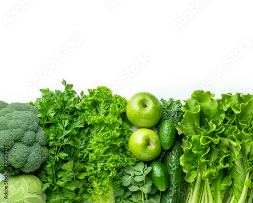 Variety of healthy organic detox vegetables only green color on white background. Copy space on the top. Generative AI