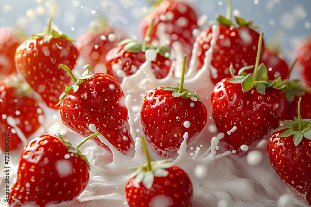 Strawberries fall into cream, milkshake, yogurt, milk with a splash. Close up of berries and white splatters. Generative AI