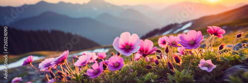 highlands, bright pink flowers on a mountain landscape background, banner photo