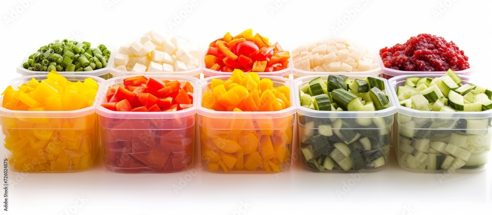 Assorted chopped vegetables in plastic containers, isolated on white background.