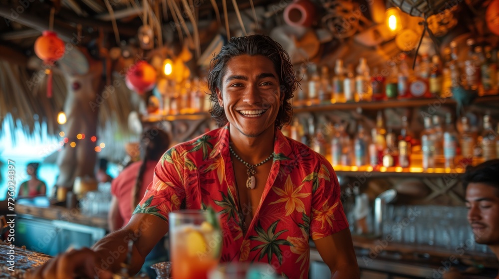 A cheerful bartender wearing a bright red Hawaiian shirt, working at a bustling beach bar.