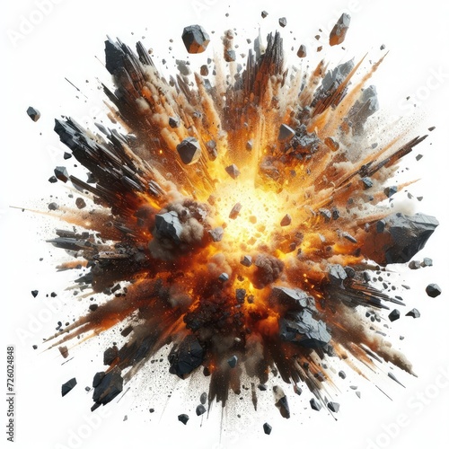 Explosion with pieces of rock isolated on white background