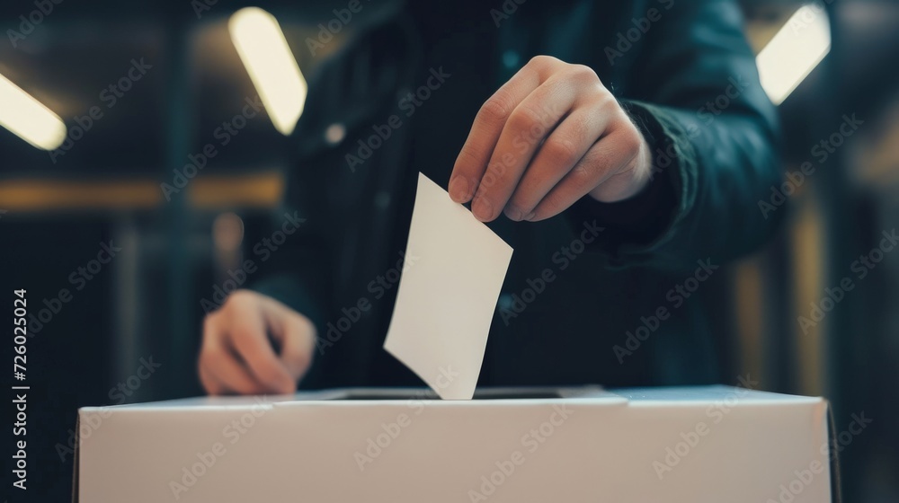A man hand with a ballot paper. The hand puts the ballot in the slot of the box. Voting in elections. A man votes at a polling station. A man hand with a ballot paper. The hand puts the ballot in the slot of the box. Voting in elections. A man votes at a polling station.