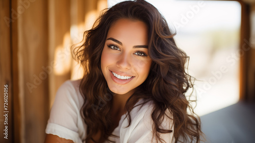 Beautiful Hispanic Woman Looking at Camera at Boardwalk