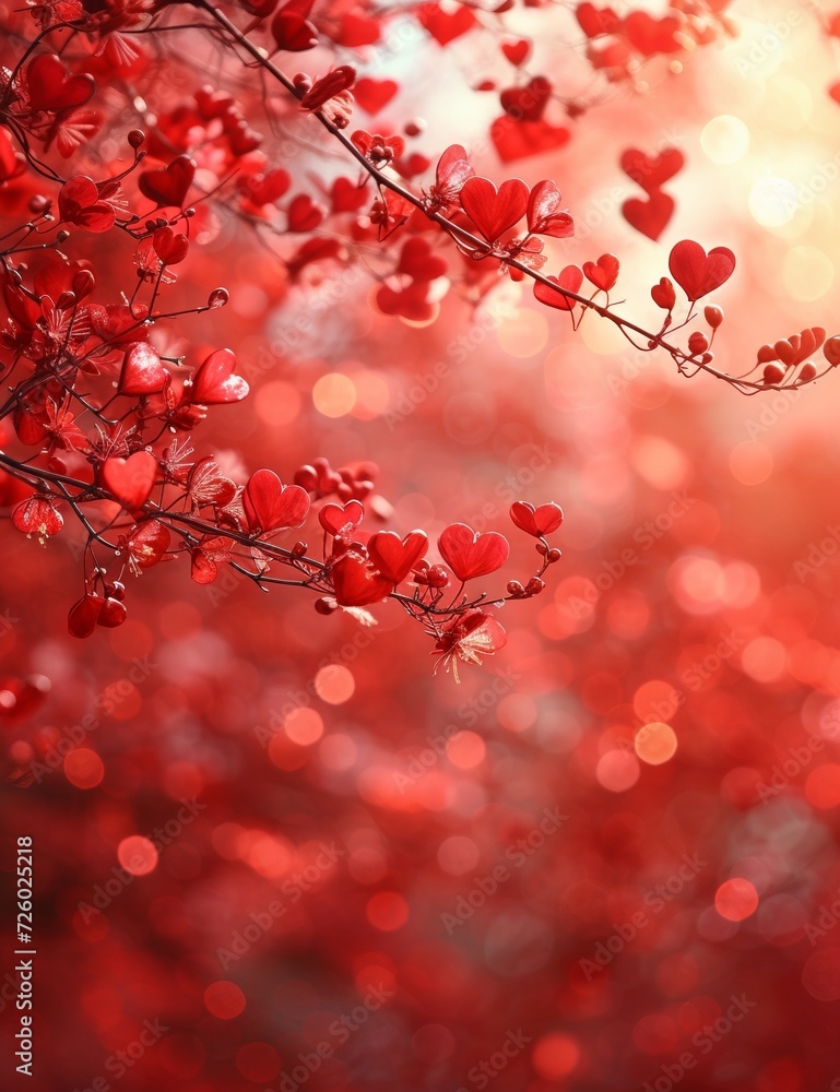 A cute, fun background for Valentine's Day or romantic anniversary with pink and red flowers and hearts, with blurred background bokeh. 