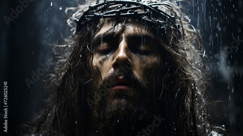 Romantic candlelight illuminates the cozy winter night, creating tranquility Jesus Christ with crown of thorns Portrait of a man as Jesus Christ.