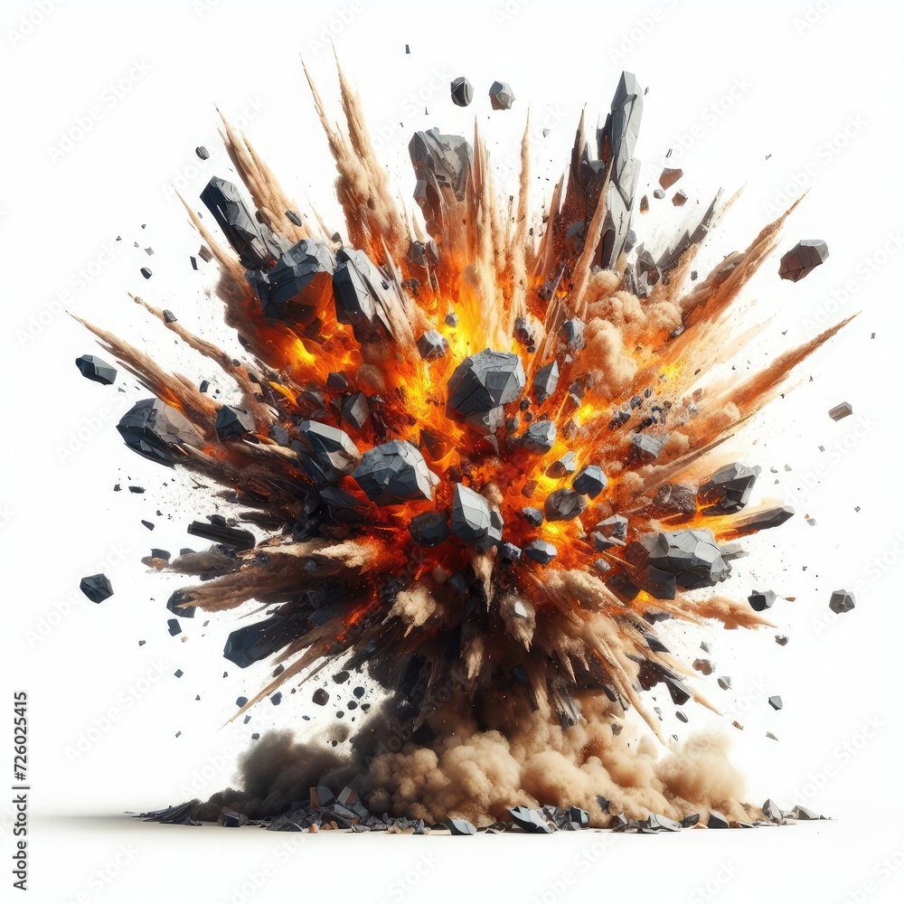 Explosion with pieces of rock isolated on white background Explosion with pieces of rock isolated on white background