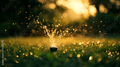 Sprinkler casting a golden water spray at sunset  creating a sparkling effect on the grass