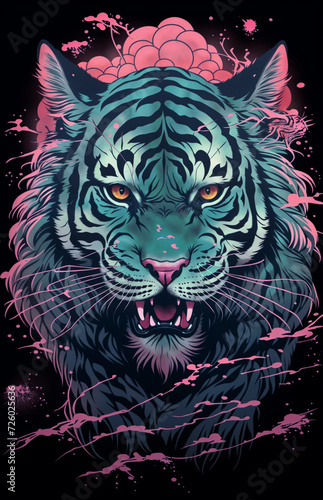 stunning illustration captures the regal essence of a majestic tiger, portrayed in a commanding pose. Crafted with the assistance of advanced artificial intelligence technology (AI)