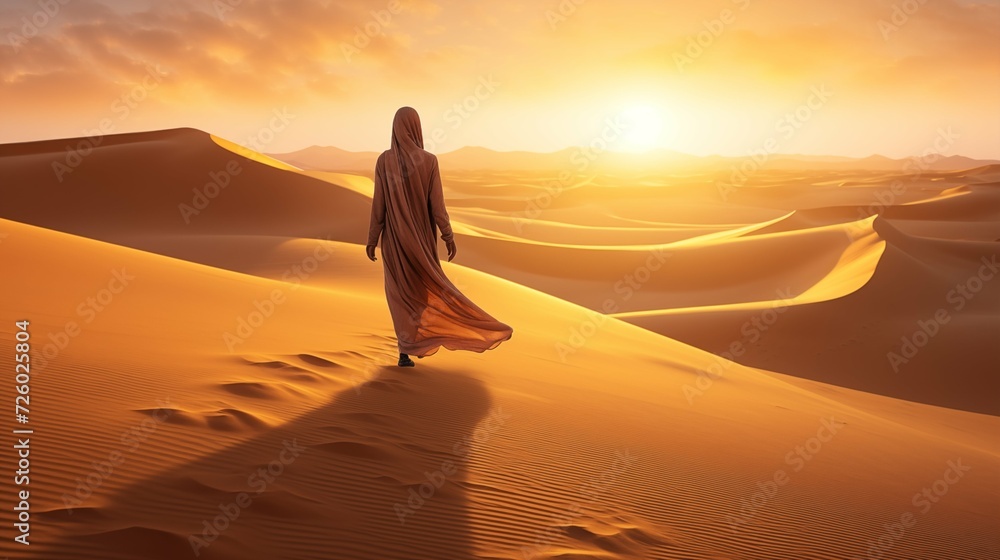 A woman with a hijab walking in sandy dunes of the desert.