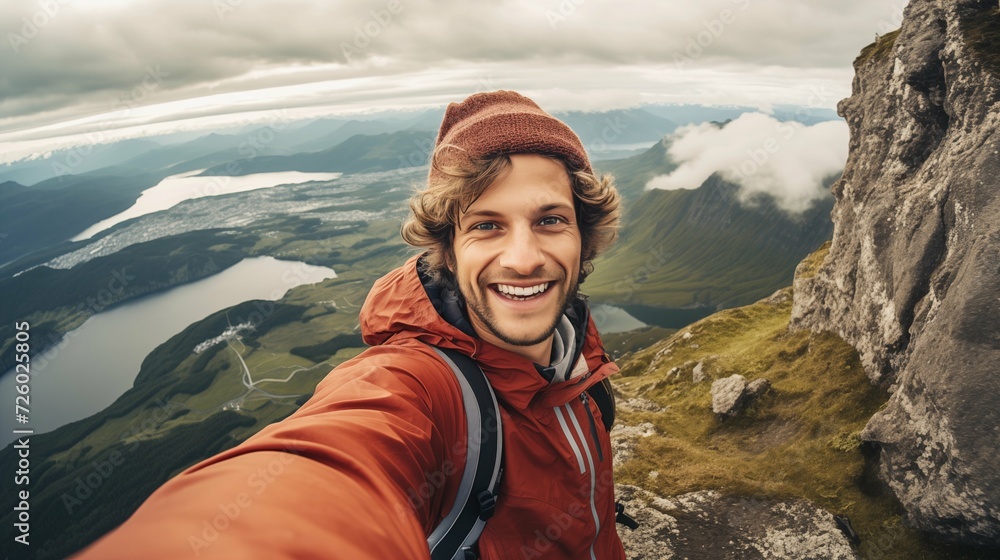Young hiker man taking selfie in the mountains