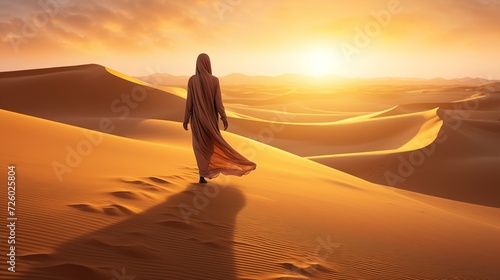 A woman with a hijab walking in sandy dunes of the desert.