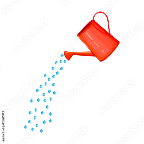 Watering can. Drops of water falling from red watering can. Gardening tool or agricultural implement for horticulture, plant and flowers cultivation.Seasonal garden equipment tool and inventory.Vector