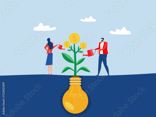Monetize idea,businessman watering on growing money coin seedling plant from lightbulb idea metaphor of monetize idea. make profit from creativity or innovation.