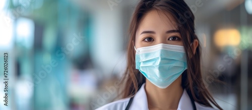Asian female doctor in clinic wearing a medical mask, portrayed in a portrait.