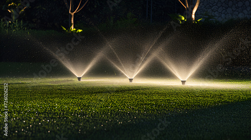 Garden sprinklers at night emitting a fine spray over lush green grass, highlighting the peacefulness of the garden photo