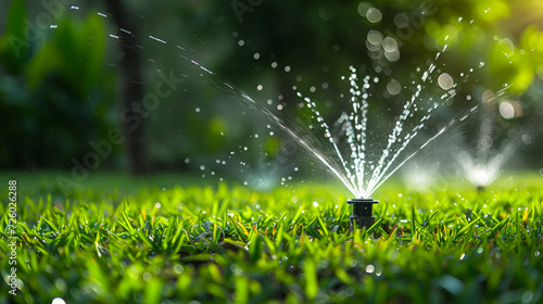 Water conservation with efficient sprinkler system on vibrant green grass, sunlit droplets