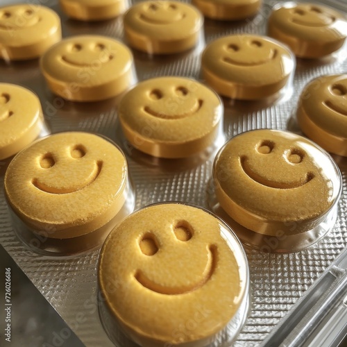A set of yellow happy pills with smiley face in a blister pack.