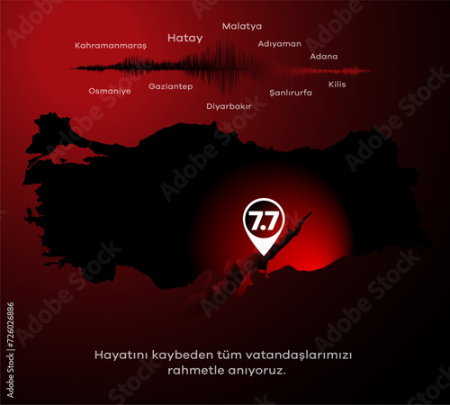 Türkiye Depremi. Translation: Turkey Earthquake. Get well soon to all of us. Kahramanmaras, Hatay, Osmaniye, Adıyaman, Gaziantep, Sanliurfa Diyarbakir, Malatya, Adana.