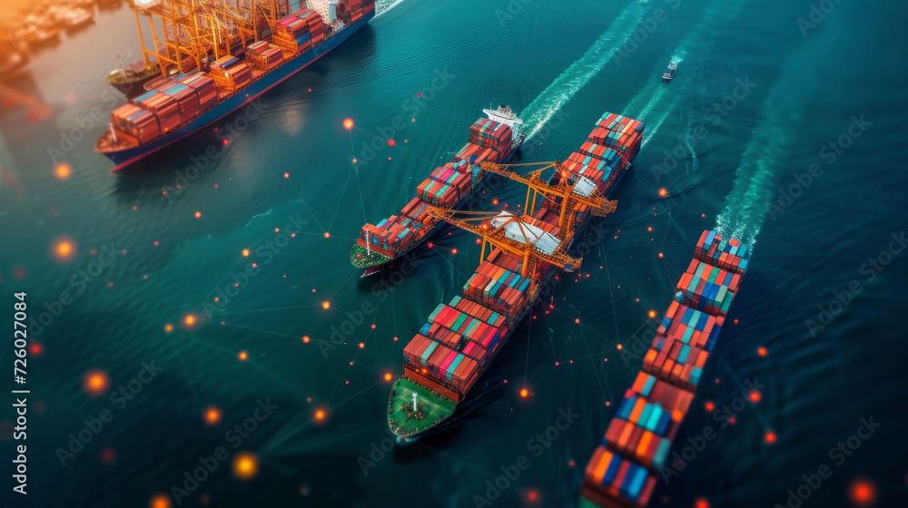 A digital map displaying the routes of multiple ships carrying ...