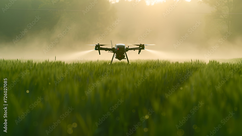 Irrigation drone at work in misty fields, with the first light of daybreak.