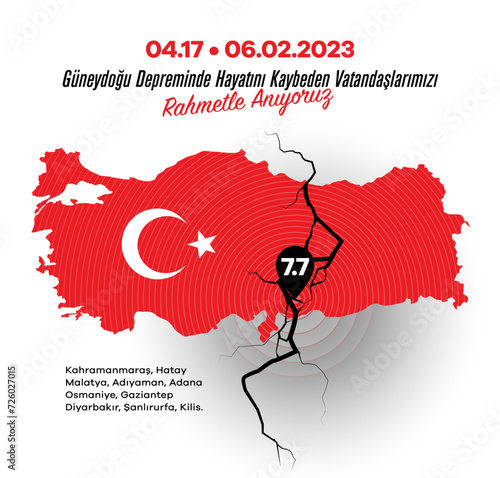 Türkiye Depremi. Translation: Turkey Earthquake. Get well soon to all of us. Kahramanmaras, Hatay, Osmaniye, Adıyaman, Gaziantep, Sanliurfa Diyarbakir, Malatya, Adana.