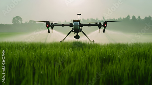 Drone sprays crops in a misty field at dawn, symbolizing smart agriculture