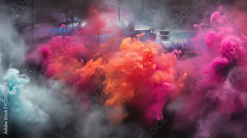 Vibrant pink and magenta smoke clouds, explosion creating an abstract atmosphere.