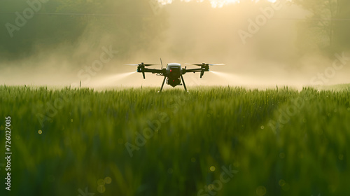 Irrigation drone at work in misty fields, with the first light of daybreak. © eleonora_os