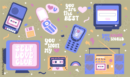 Hand drawn set of retro devices in love and self love concept. Vectro y2k computer, cassette, phone, record player.
