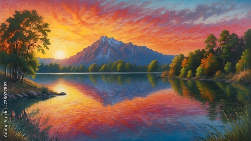 A vibrant sunrise reflected in a lake, captured in colorful pencil sketch