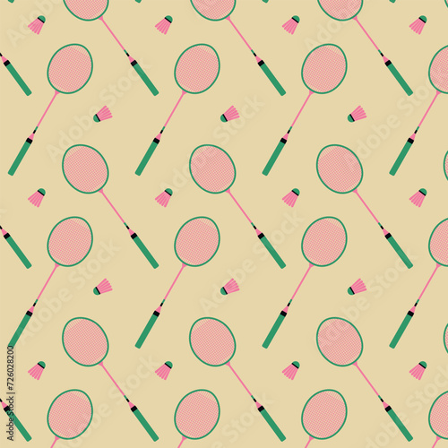 Seamless pattern of badminton rackets and shuttlecocks. Vector illustration.