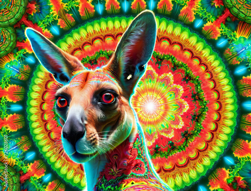 Psychedelic Kangaroo Close-Up with Pensive Old Woman in Vibrant Color Explosions Gen AI photo