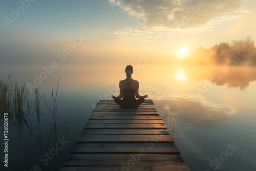 woman doing meditation on the meditating wooden dock at sunrise